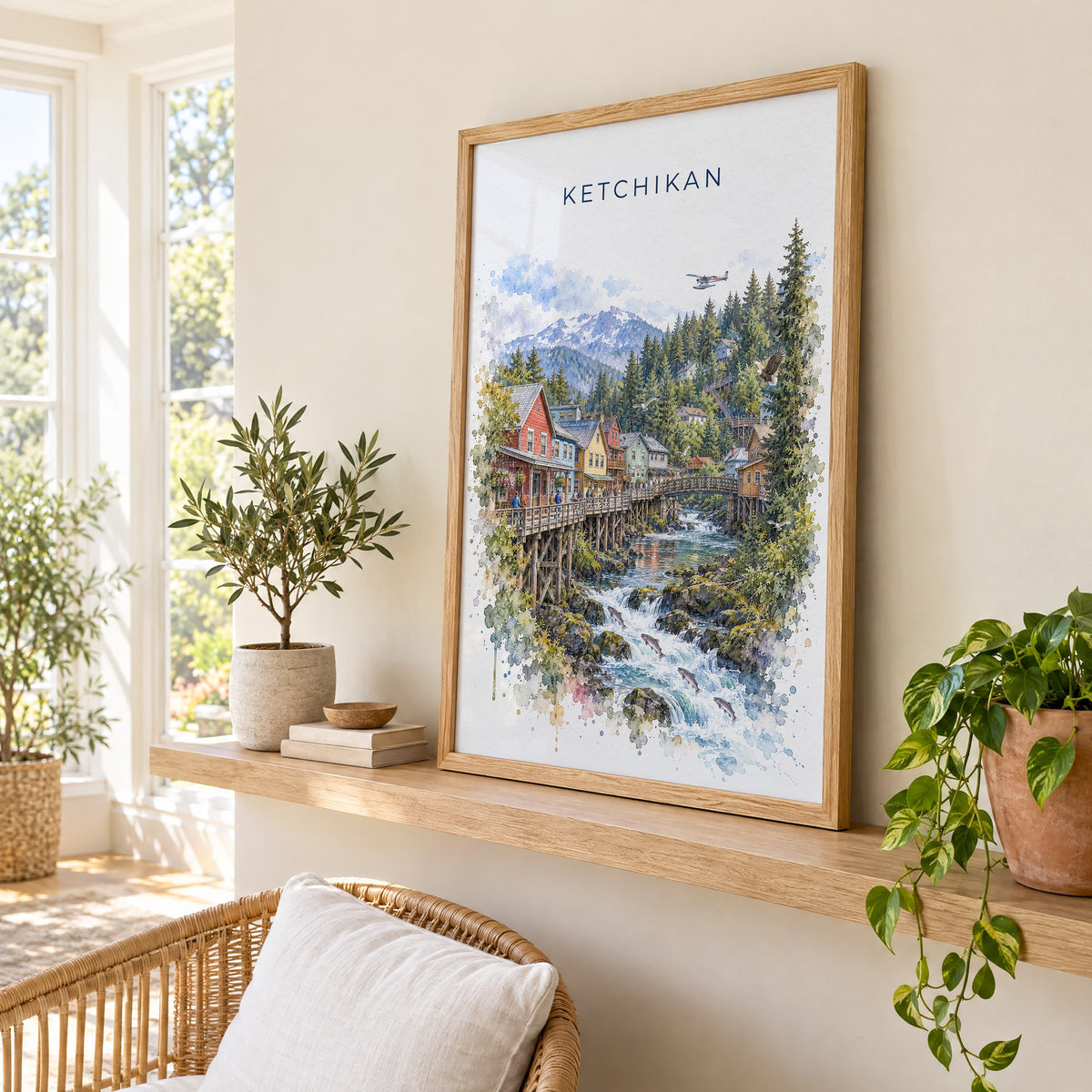 Ketchikan watercolor print in an oak frame on a picture ledge in a sunlit sunroom
