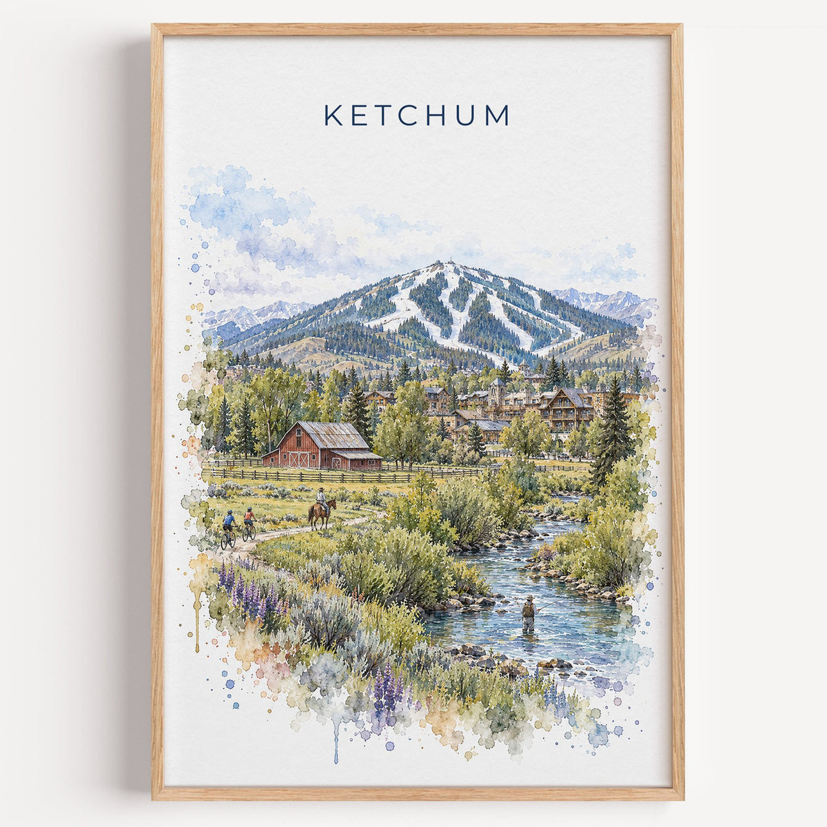 Ketchum watercolor print in a light oak frame on a plain white wall