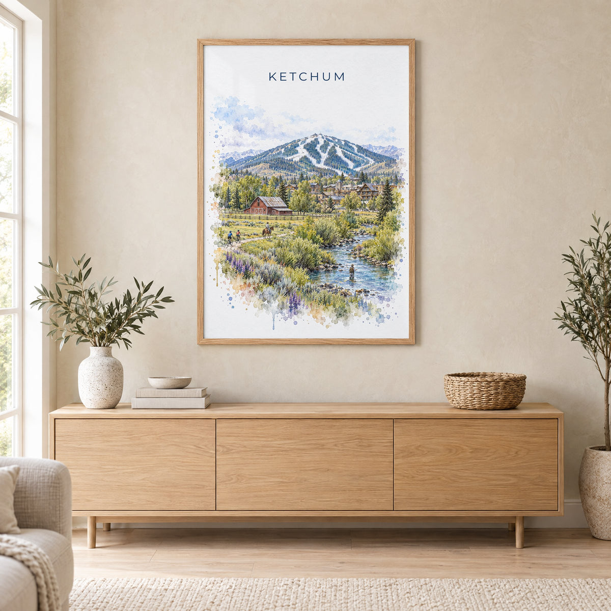 Ketchum watercolor print in an oak frame above a light wood sideboard in a Scandinavian living room