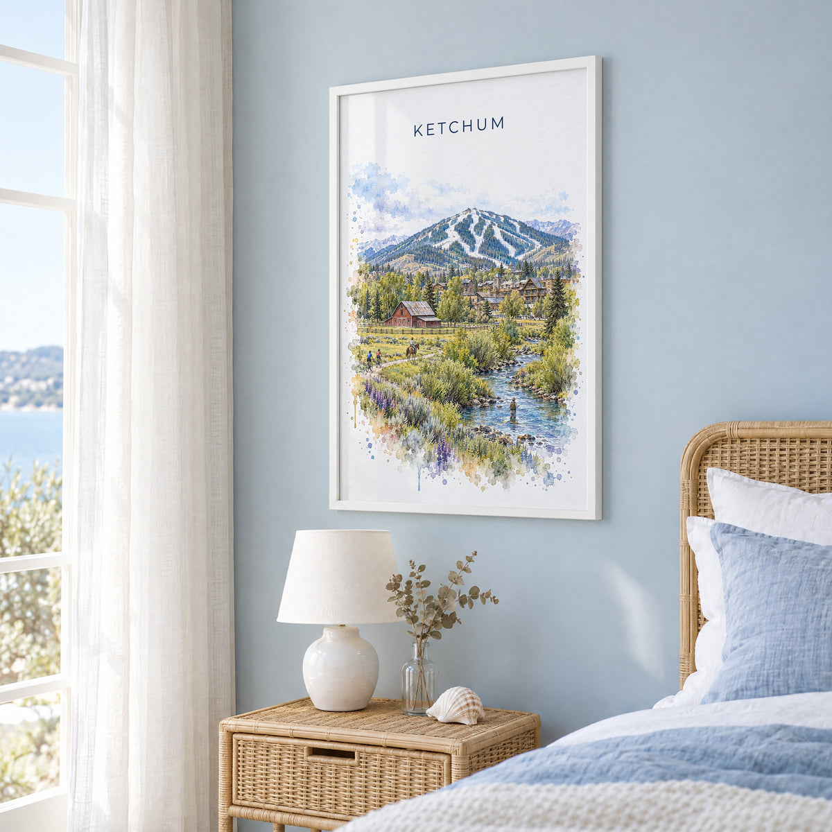 Ketchum watercolor print in a white frame on a pale blue wall beside a rattan bed in a coastal bedroom