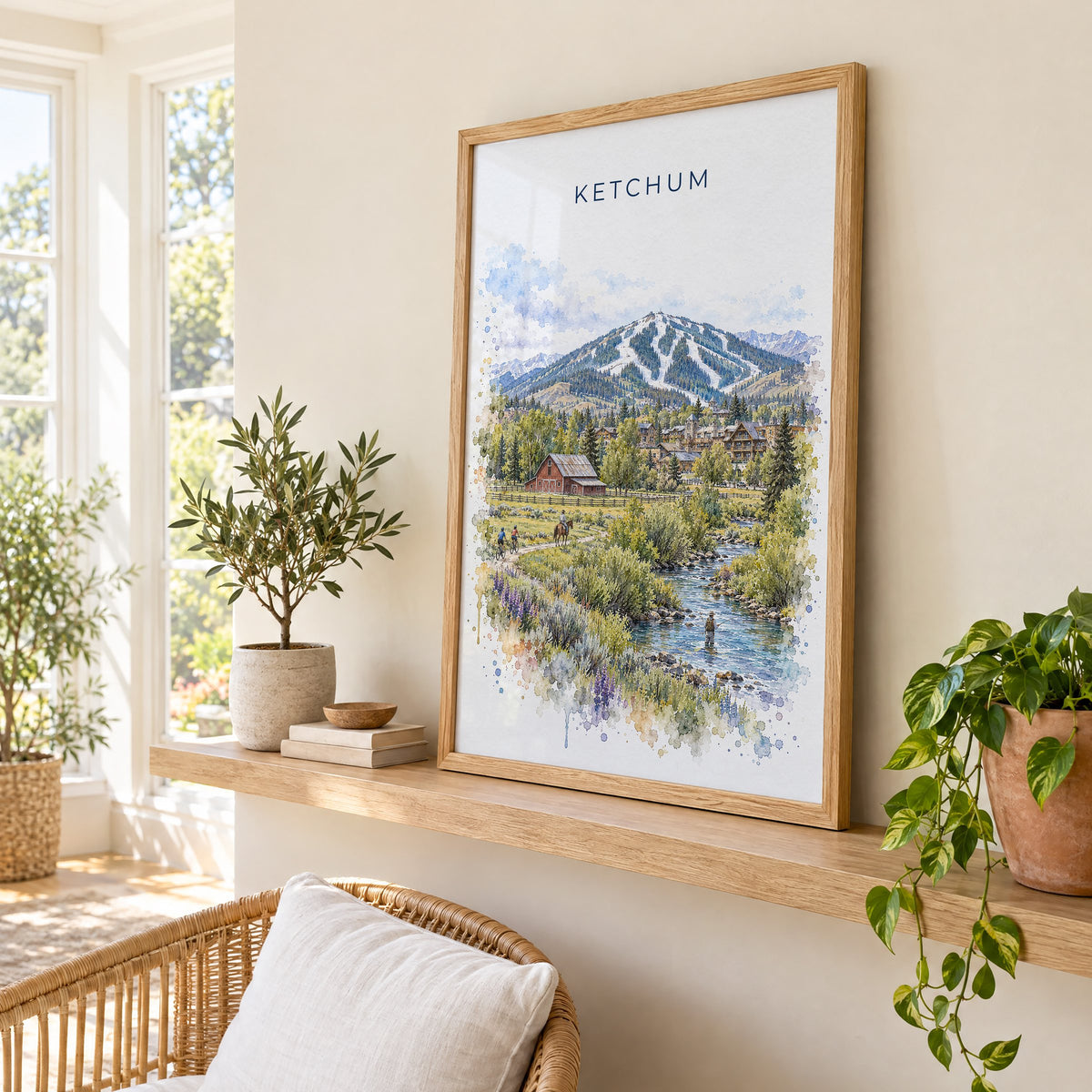 Ketchum watercolor print in an oak frame on a picture ledge in a sunlit sunroom