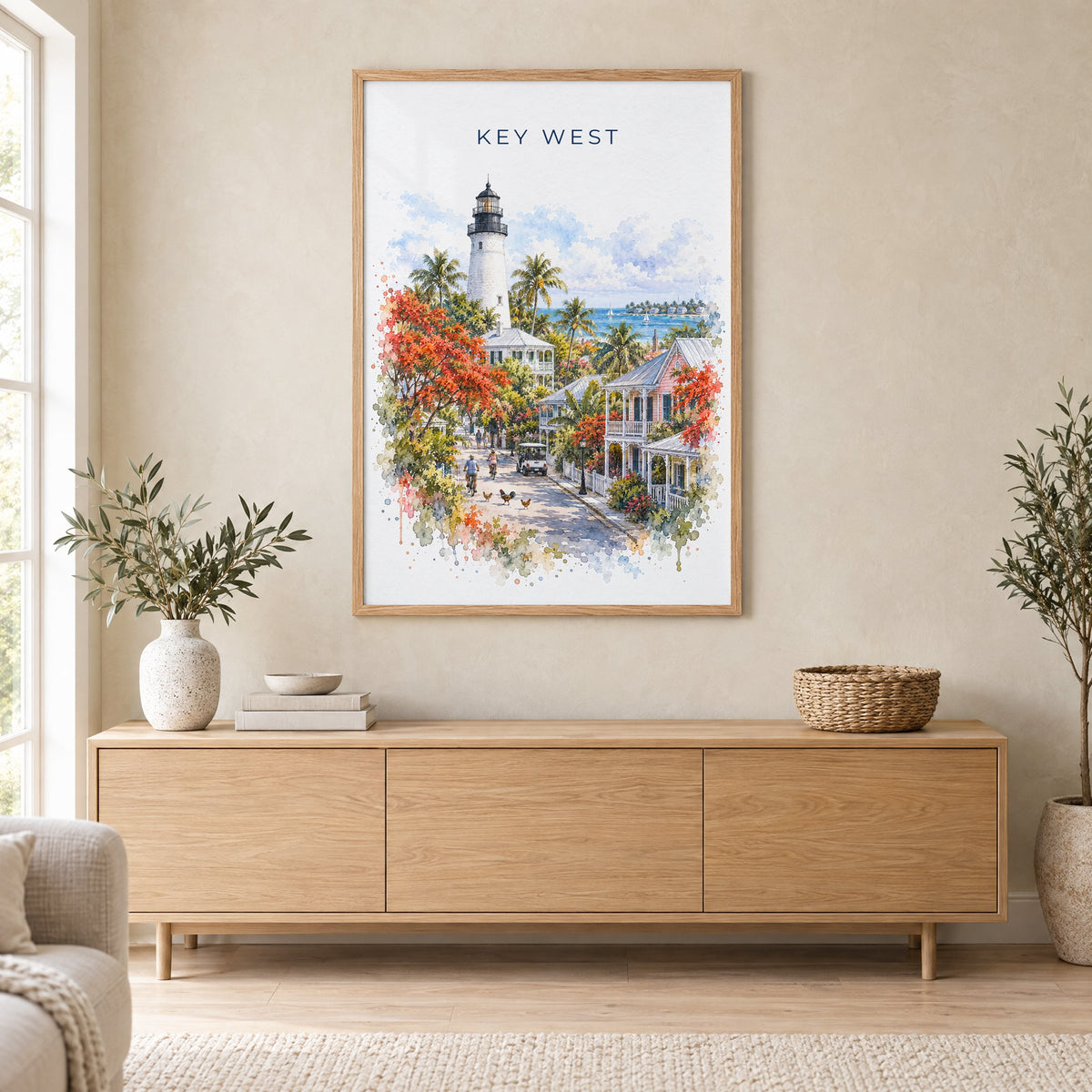 Key West watercolor print in an oak frame above a light wood sideboard in a Scandinavian living room