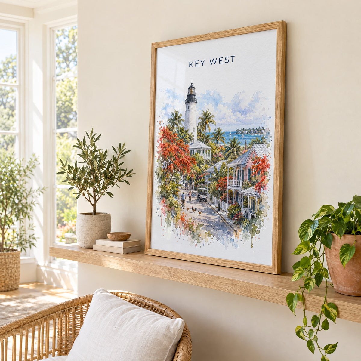 Key West watercolor print in an oak frame on a picture ledge in a sunlit sunroom