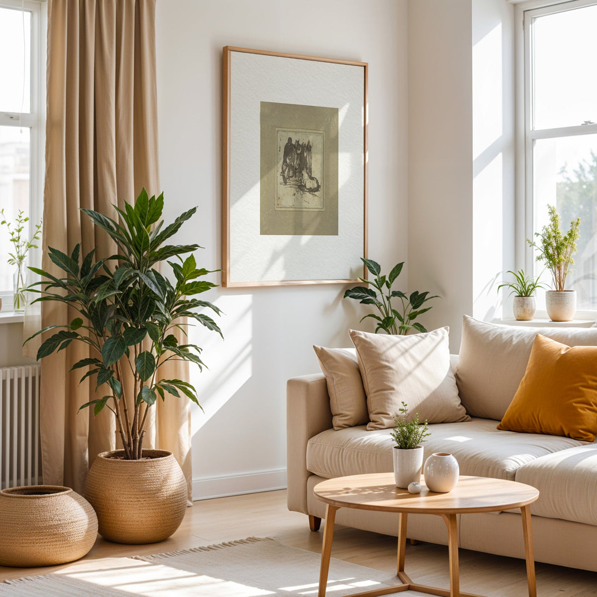 Khaki mount ink sketch of figures print in an oak frame above a cream sofa beside a tall plant in a woven pot