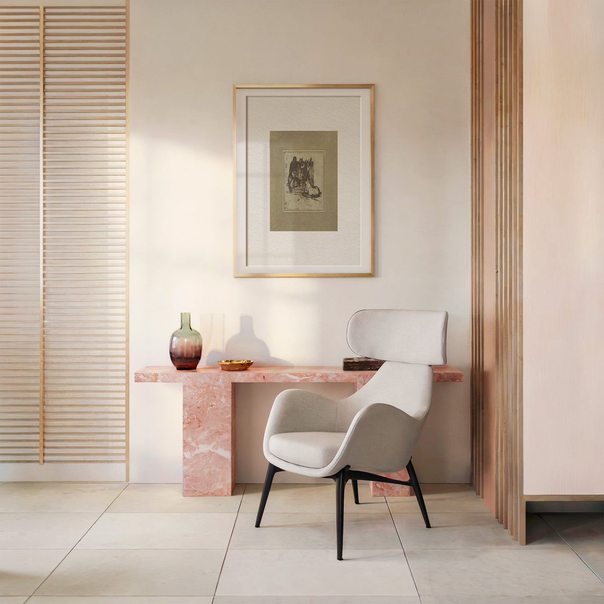 Khaki mount ink sketch of figures print shown in a gold frame with a mat above a pink marble console and armchair