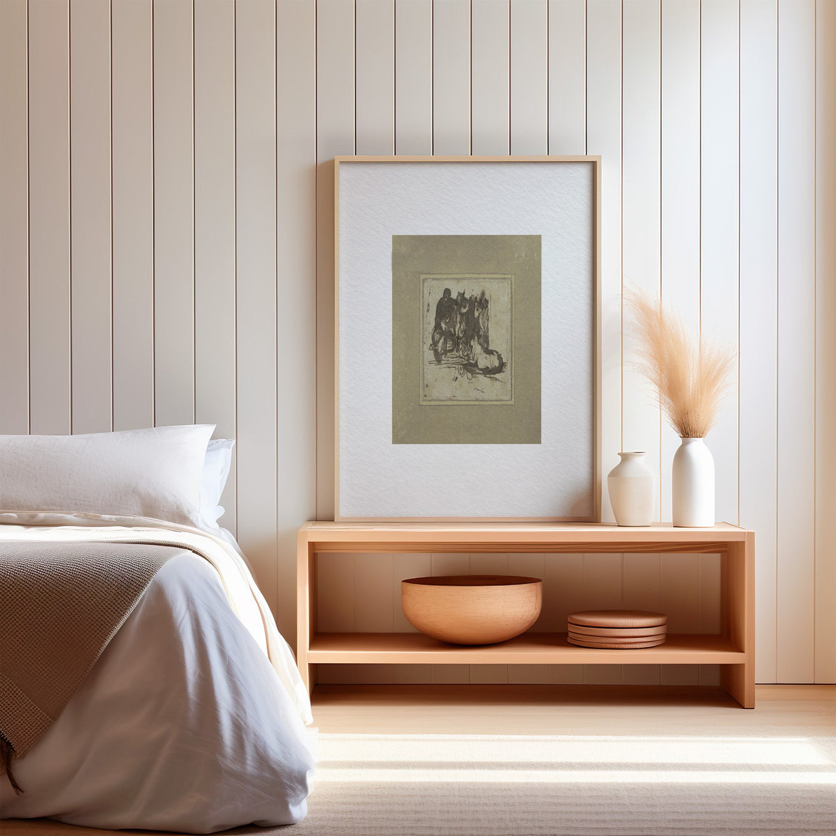 Khaki mount ink sketch of figures print in a light oak frame on a wood bench by a bed with pampas grass