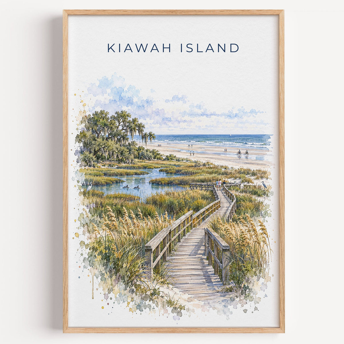 Kiawah Island watercolor print in a light oak frame on a plain white wall