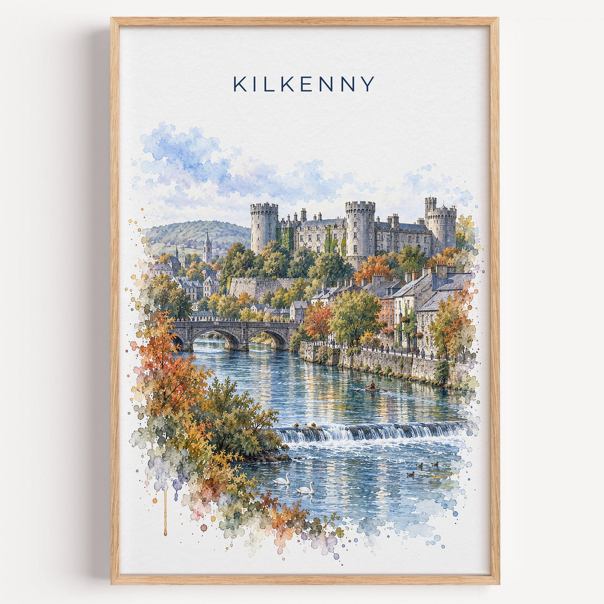 Kilkenny watercolor print in a light oak frame on a plain white wall