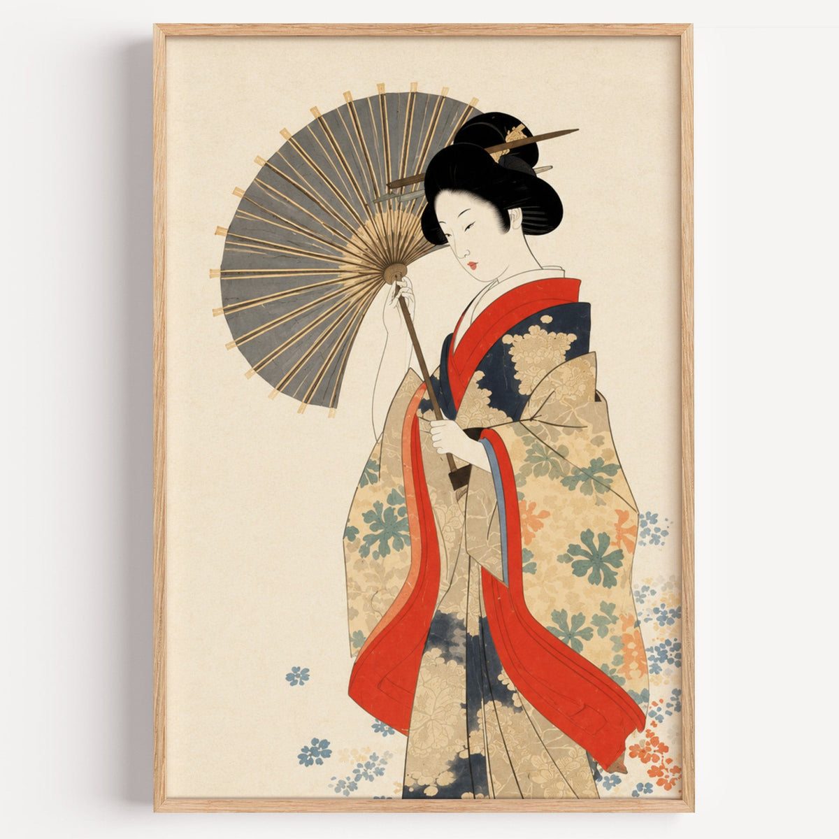 kimono woman with grey parasol print in a light oak frame on a plain white wall