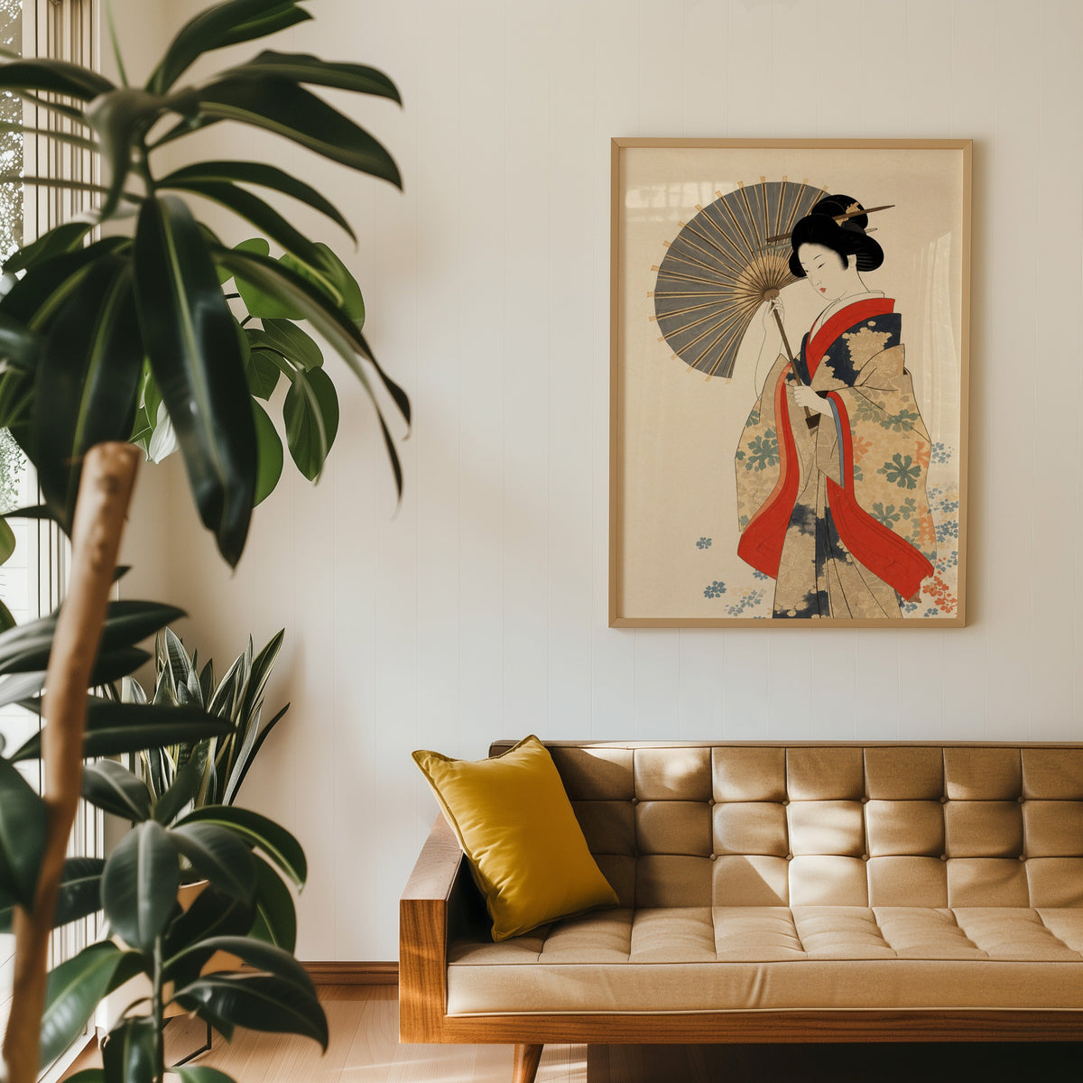 kimono woman with grey parasol print in an oak frame above a tan tufted leather sofa with a mustard cushion
