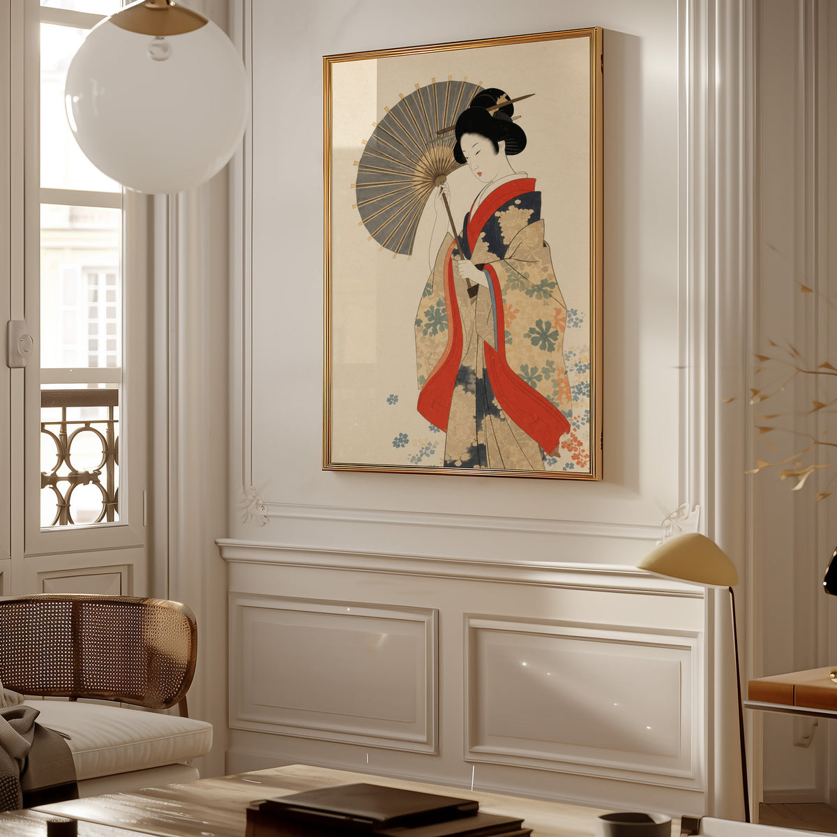 kimono woman with grey parasol print shown in a gold frame on a paneled wall in a Parisian-style living room