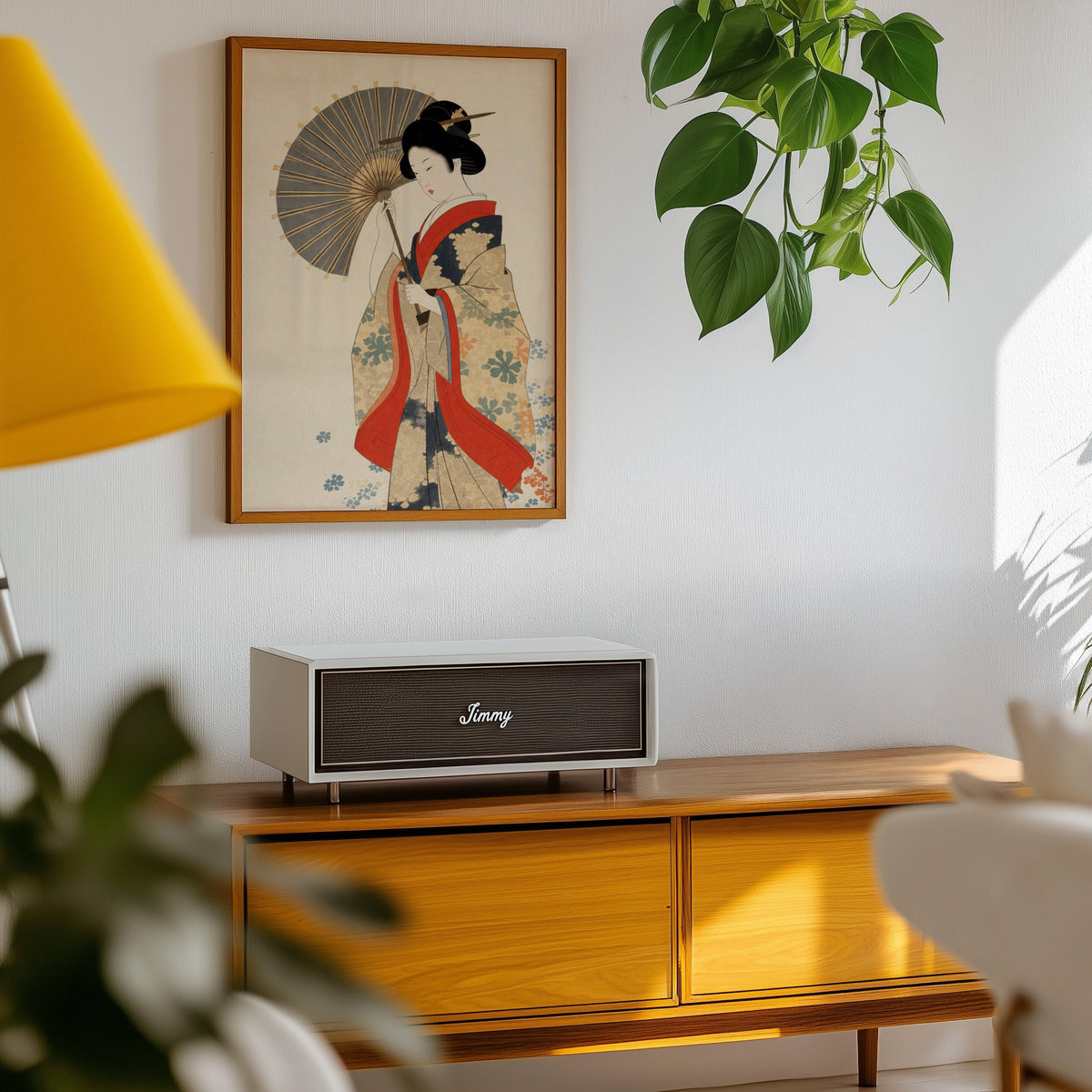 kimono woman with grey parasol print in an oak frame above a teak mid-century sideboard with trailing pothos