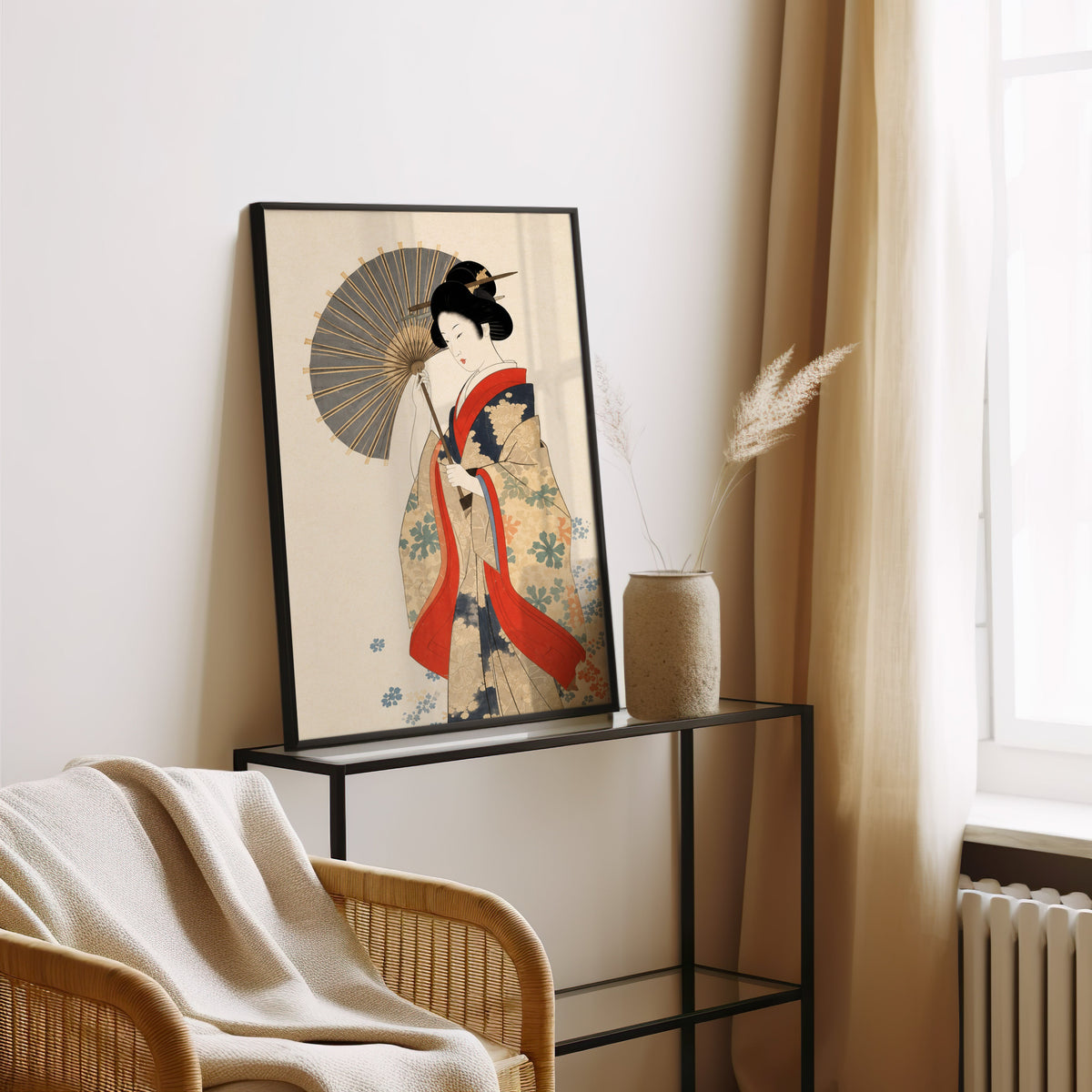 kimono woman with grey parasol print in a black frame leaning on a glass console beside pampas grass