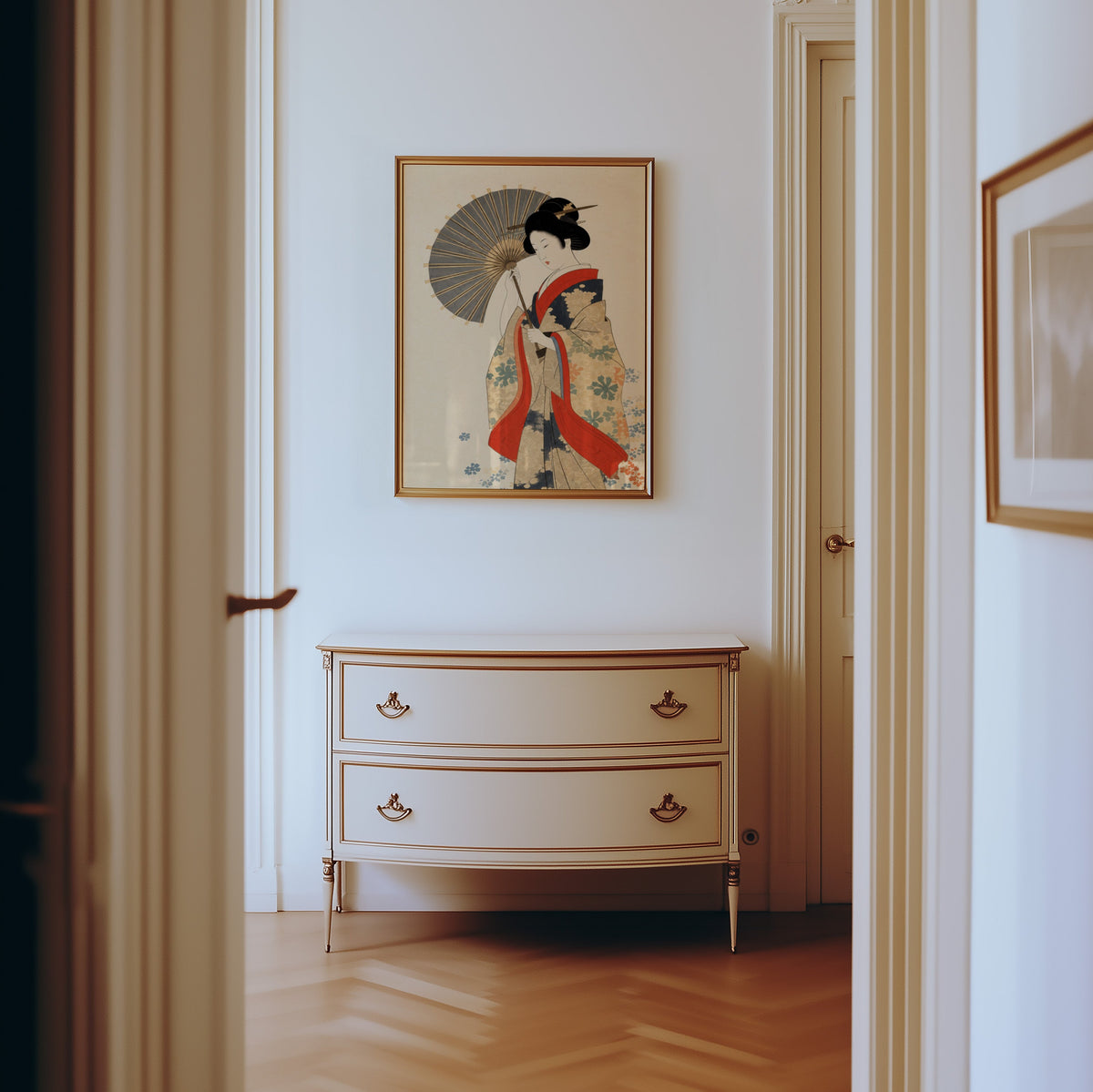 kimono woman with grey parasol print shown in a gold frame in a hallway above a cream dresser