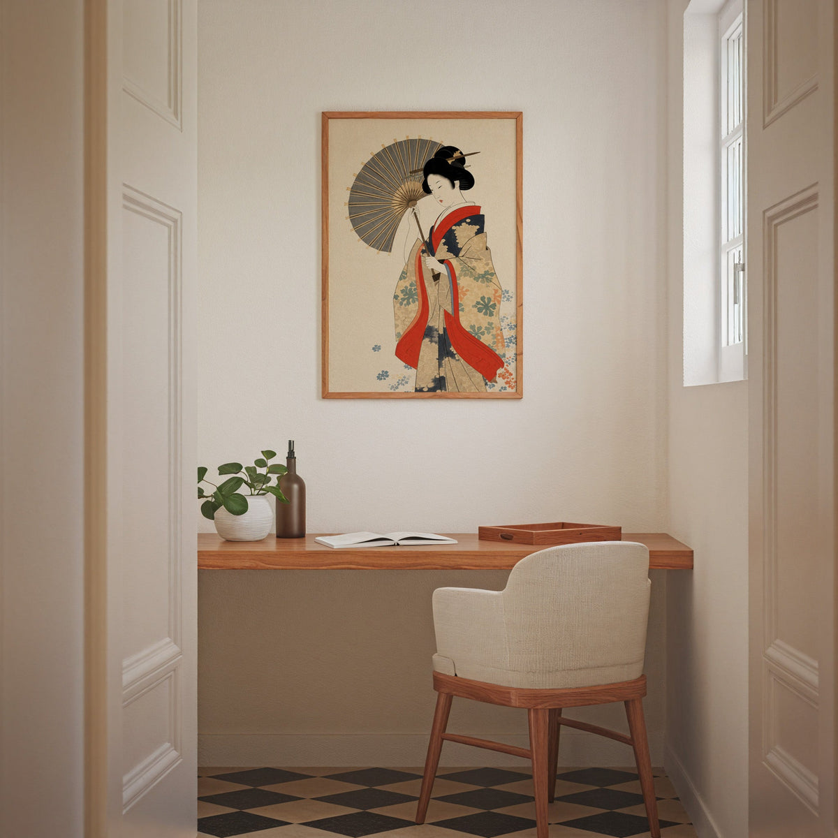 kimono woman with grey parasol print in an oak frame above a wall-mounted desk in a home office nook