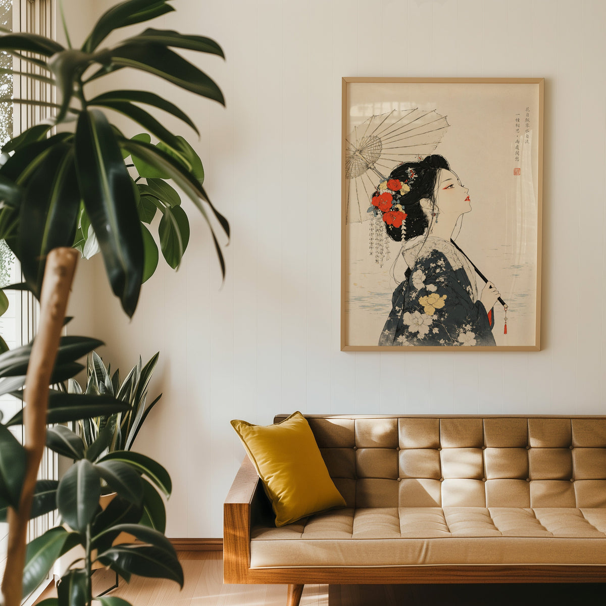 kimono woman with parasol and red flowers print in an oak frame above a tan tufted leather sofa with a mustard cushion