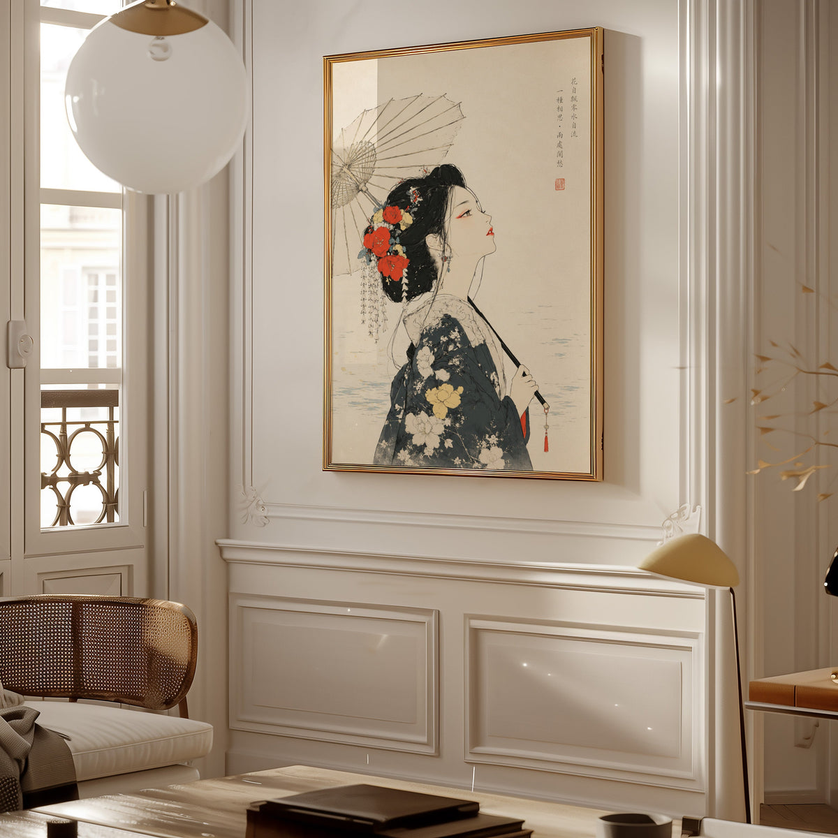 kimono woman with parasol and red flowers print shown in a gold frame on a paneled wall in a Parisian-style living room