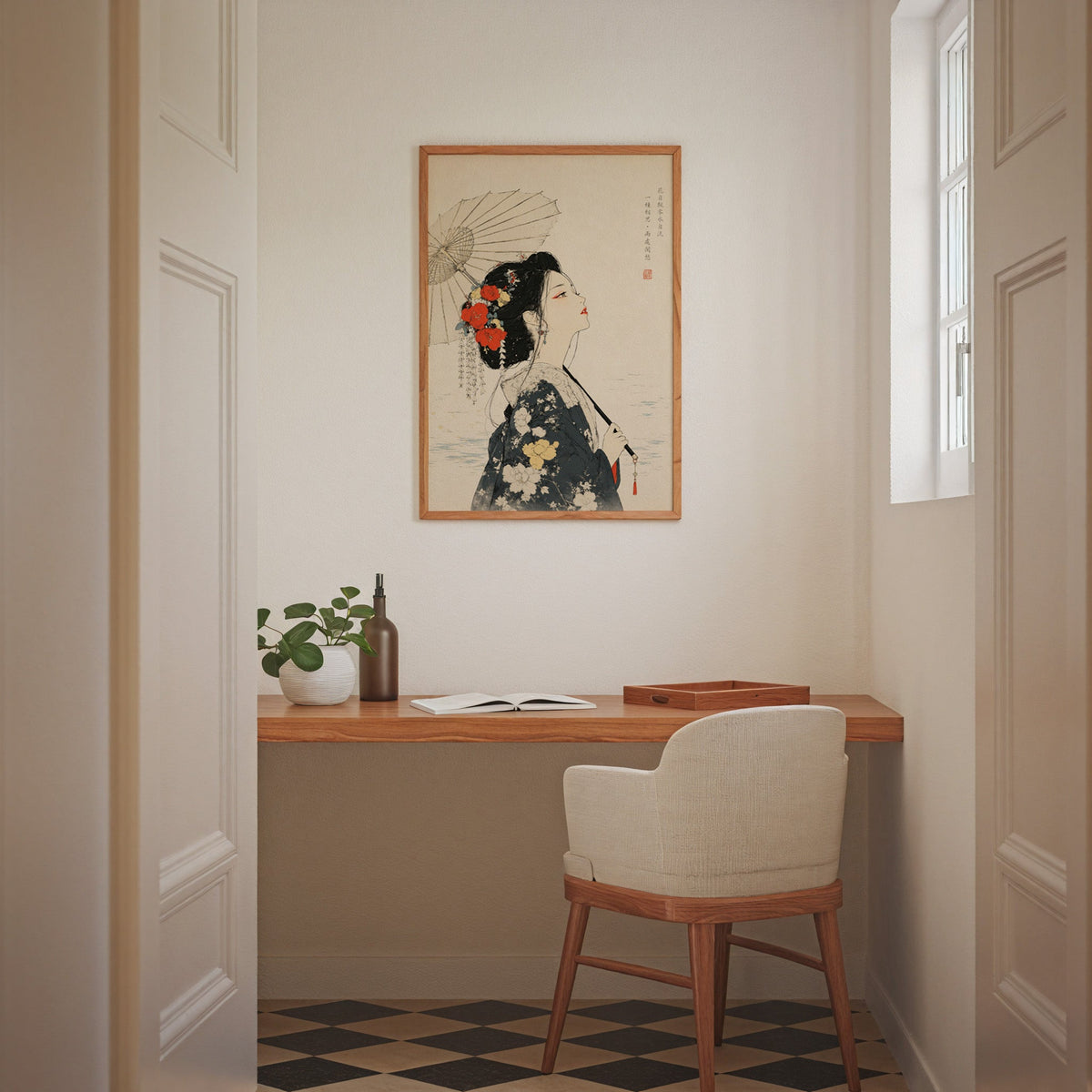 kimono woman with parasol and red flowers print in an oak frame above a wall-mounted desk in a home office nook