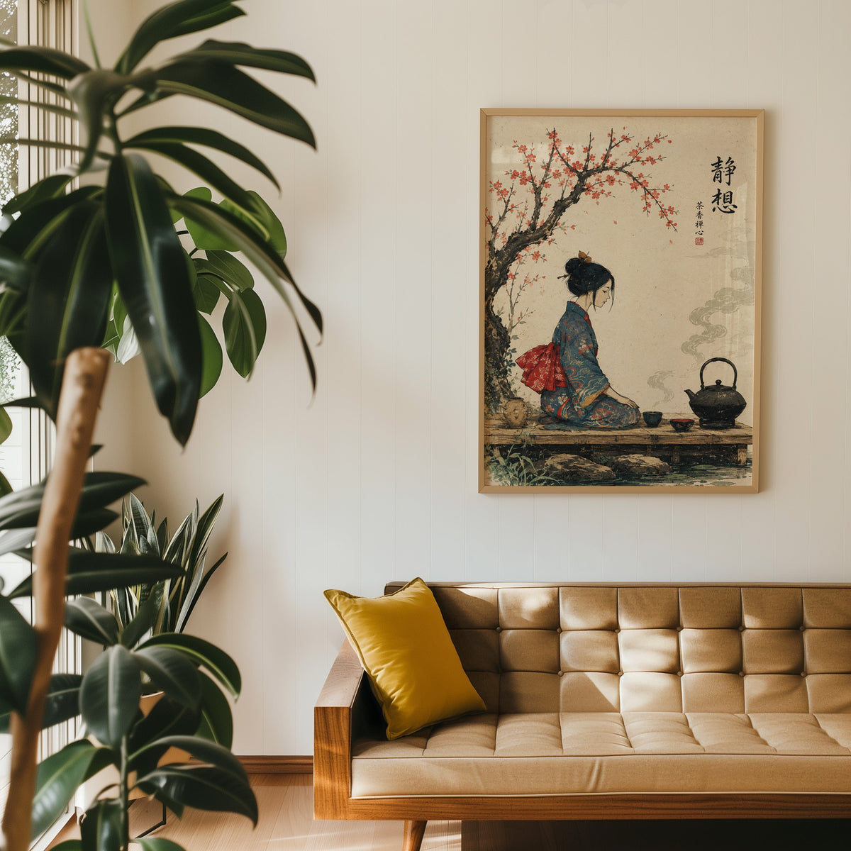 kimono woman with iron tea kettle print in an oak frame above a tan tufted leather sofa with a mustard cushion
