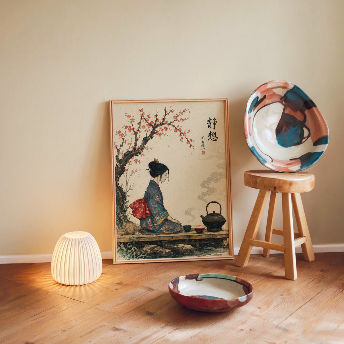 kimono woman with iron tea kettle print in a light wood frame leaning on a wooden floor by a glowing lamp and stool