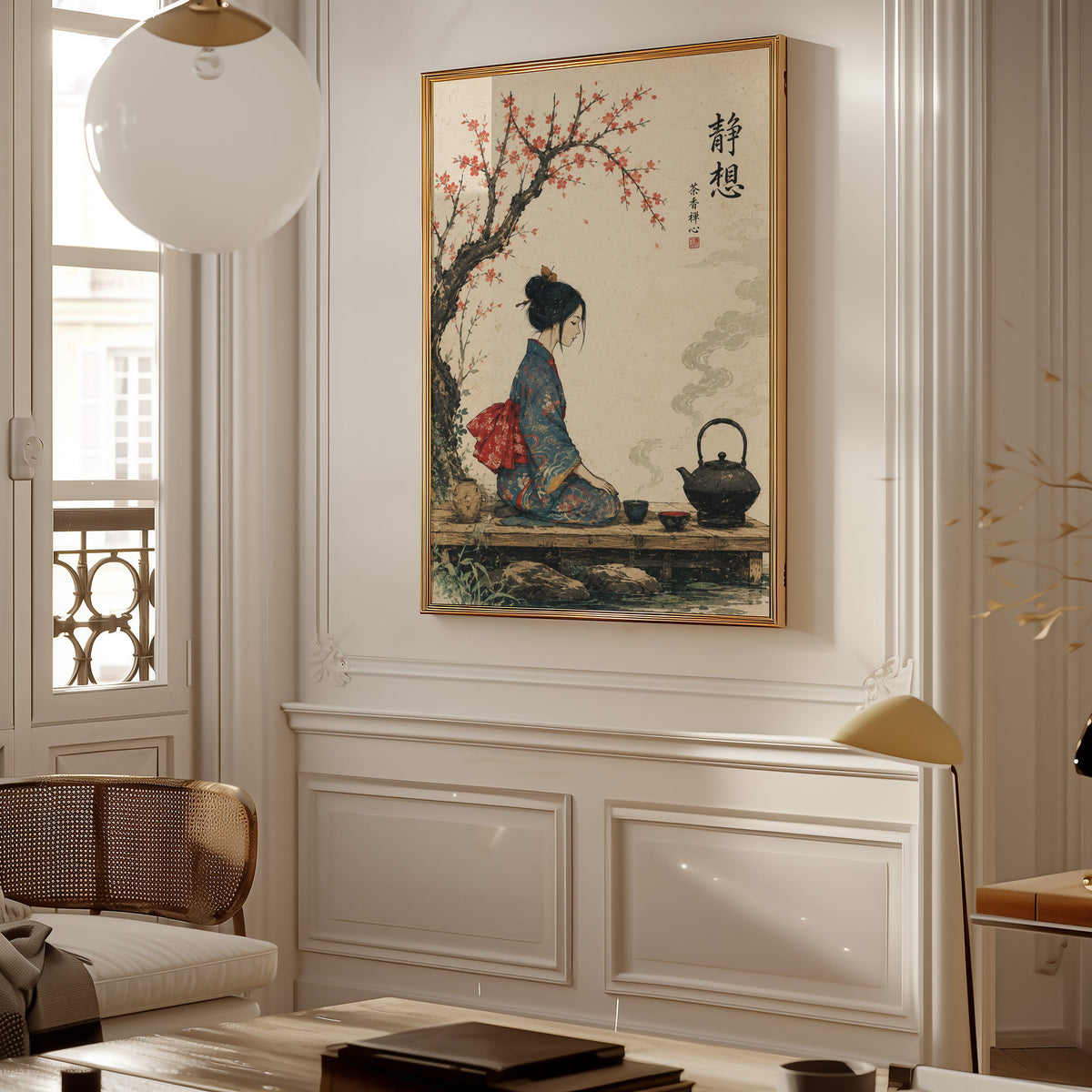 kimono woman with iron tea kettle print shown in a gold frame on a paneled wall in a Parisian-style living room