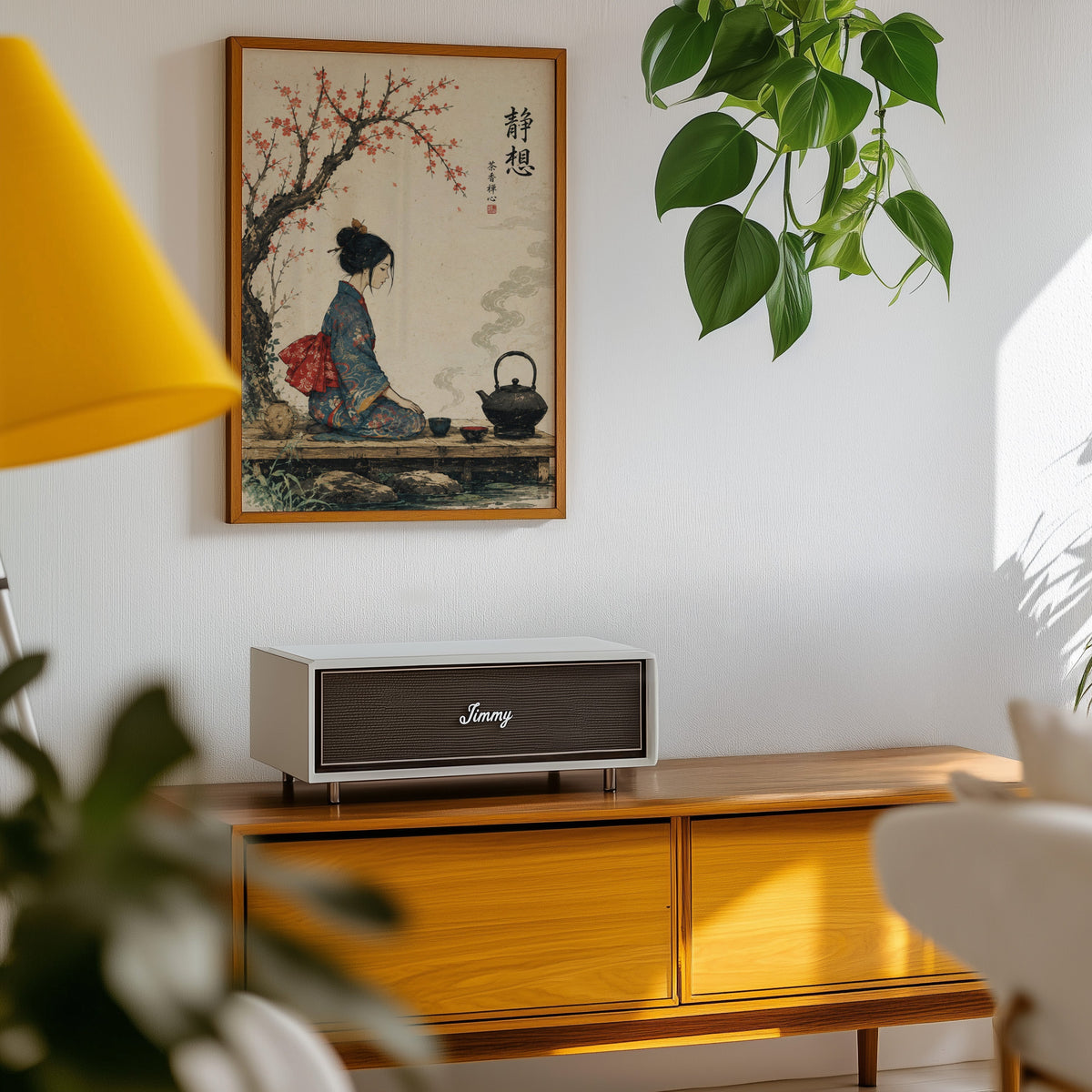 kimono woman with iron tea kettle print in an oak frame above a teak mid-century sideboard with trailing pothos