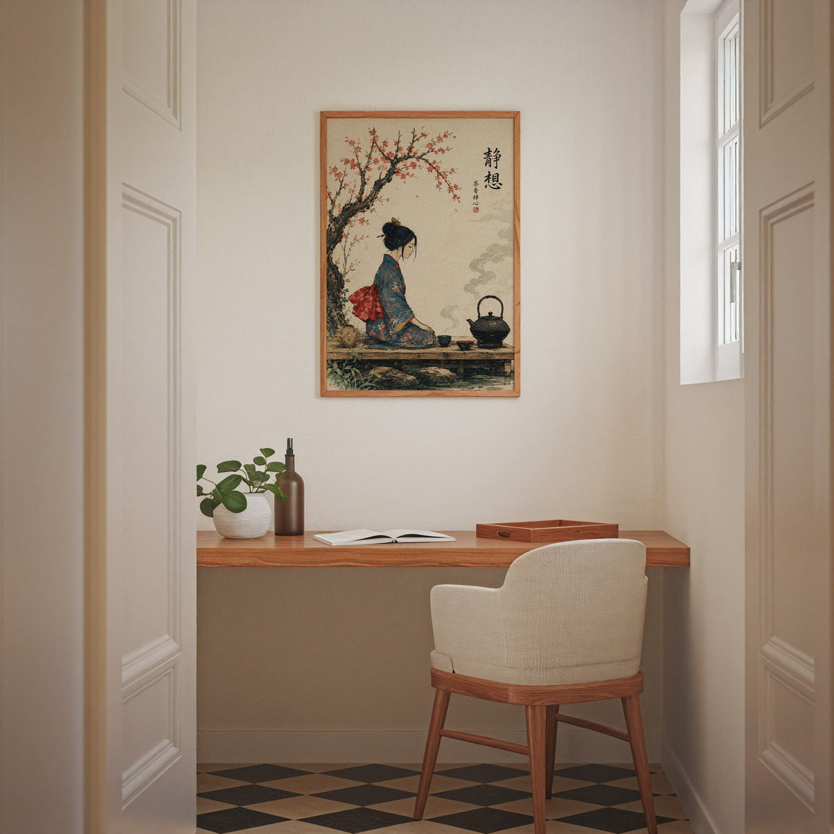 kimono woman with iron tea kettle print in an oak frame above a wall-mounted desk in a home office nook