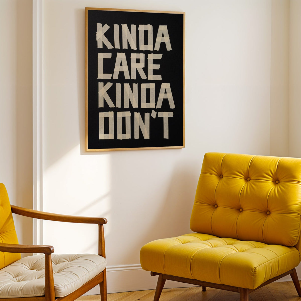 Kinda Care Kinda Don't paper tape letters on black print shown in a gold frame above a mustard yellow tufted armchair