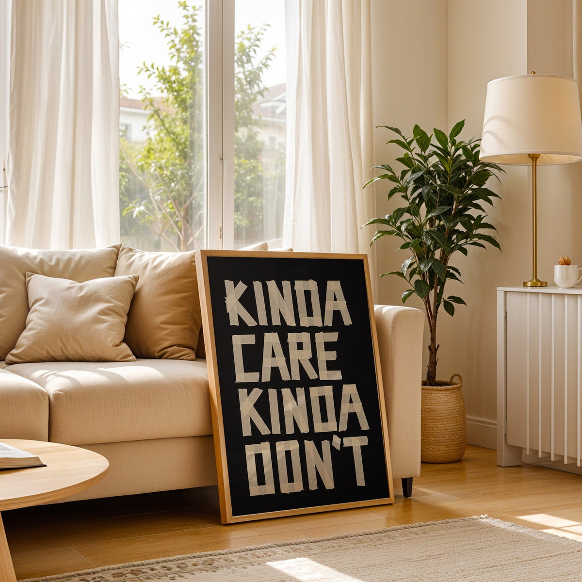Kinda Care Kinda Don't paper tape letters on black print in a light oak frame leaning on a cream sofa beside a floor lamp
