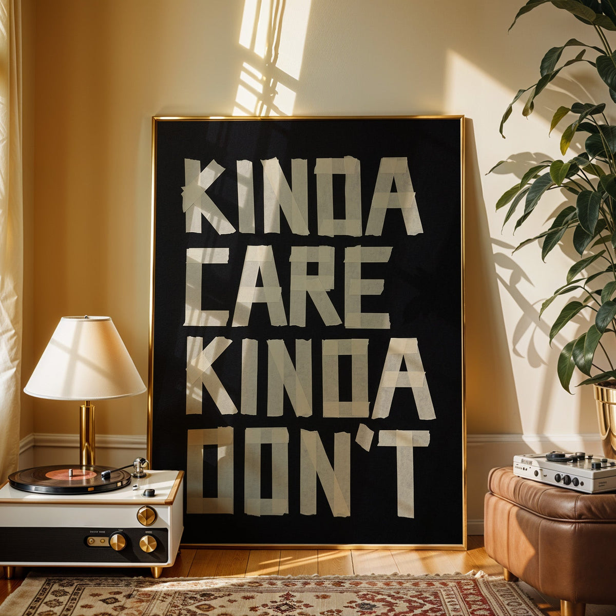 Kinda Care Kinda Don't paper tape letters on black print shown in a gold frame beside a record player and table lamp