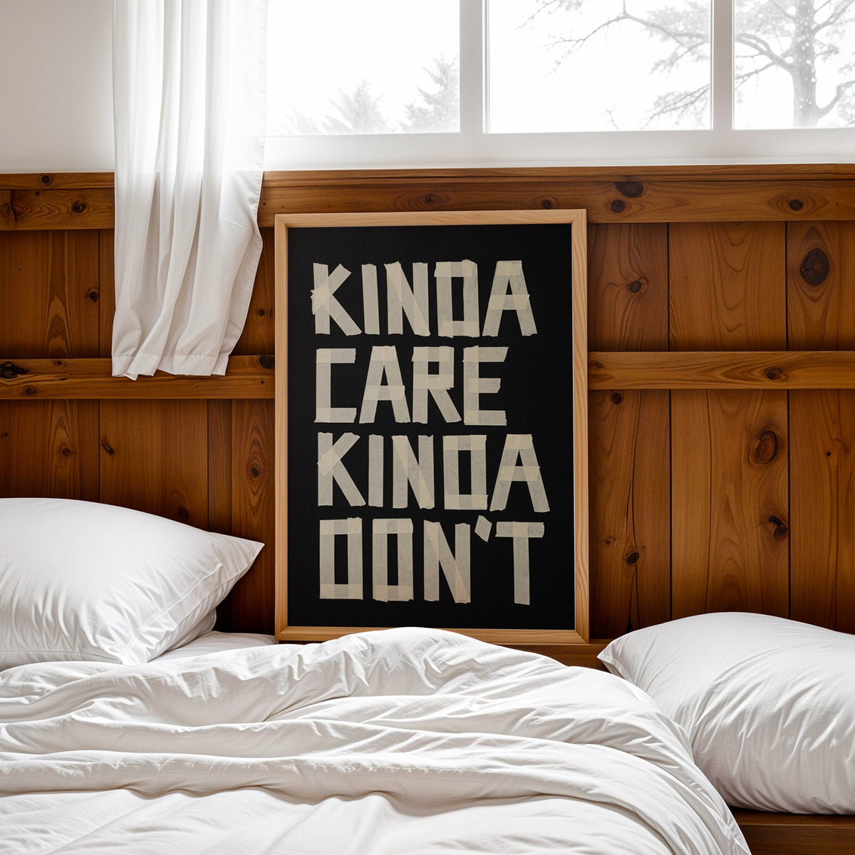 Kinda Care Kinda Don't paper tape letters on black print in a pine frame leaning on a wood headboard over white bedding