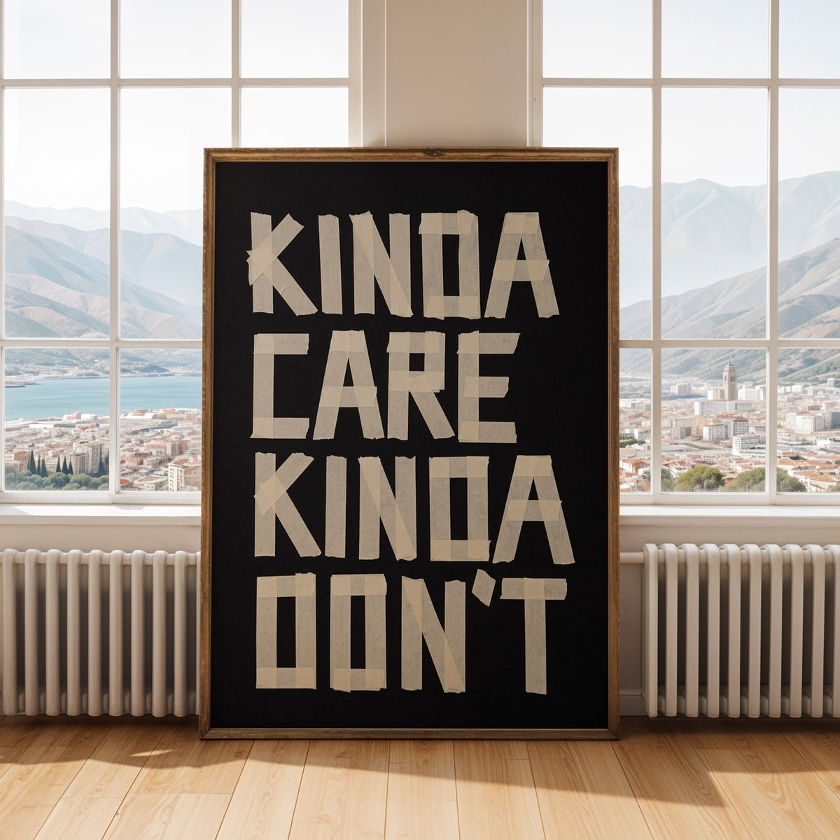 Kinda Care Kinda Don't paper tape letters on black print shown in an antique gold frame by tall windows with a sea view