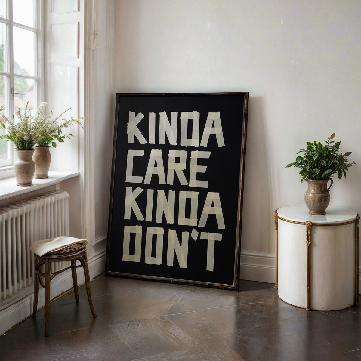 Kinda Care Kinda Don't paper tape letters on black print in a black frame on a dark stone floor beside a white side table