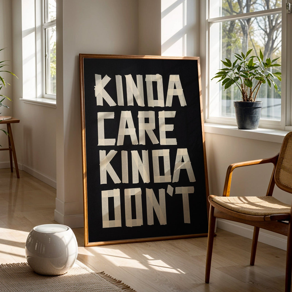 Kinda Care Kinda Don't paper tape letters on black print in a walnut frame on a wood floor beside a cane chair and sunny window