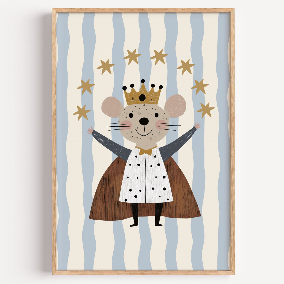 King mouse crown star arc nursery print in a light oak frame on a plain white wall