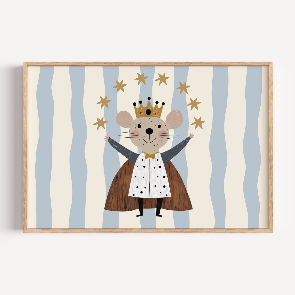 Landscape king mouse crown star arc nursery print in a light oak frame on a plain white wall