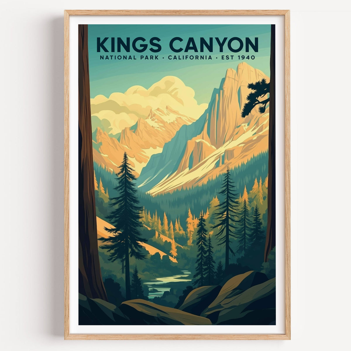 Kings Canyon National Park illustrated print: granite walls between two trunks, in an oak frame