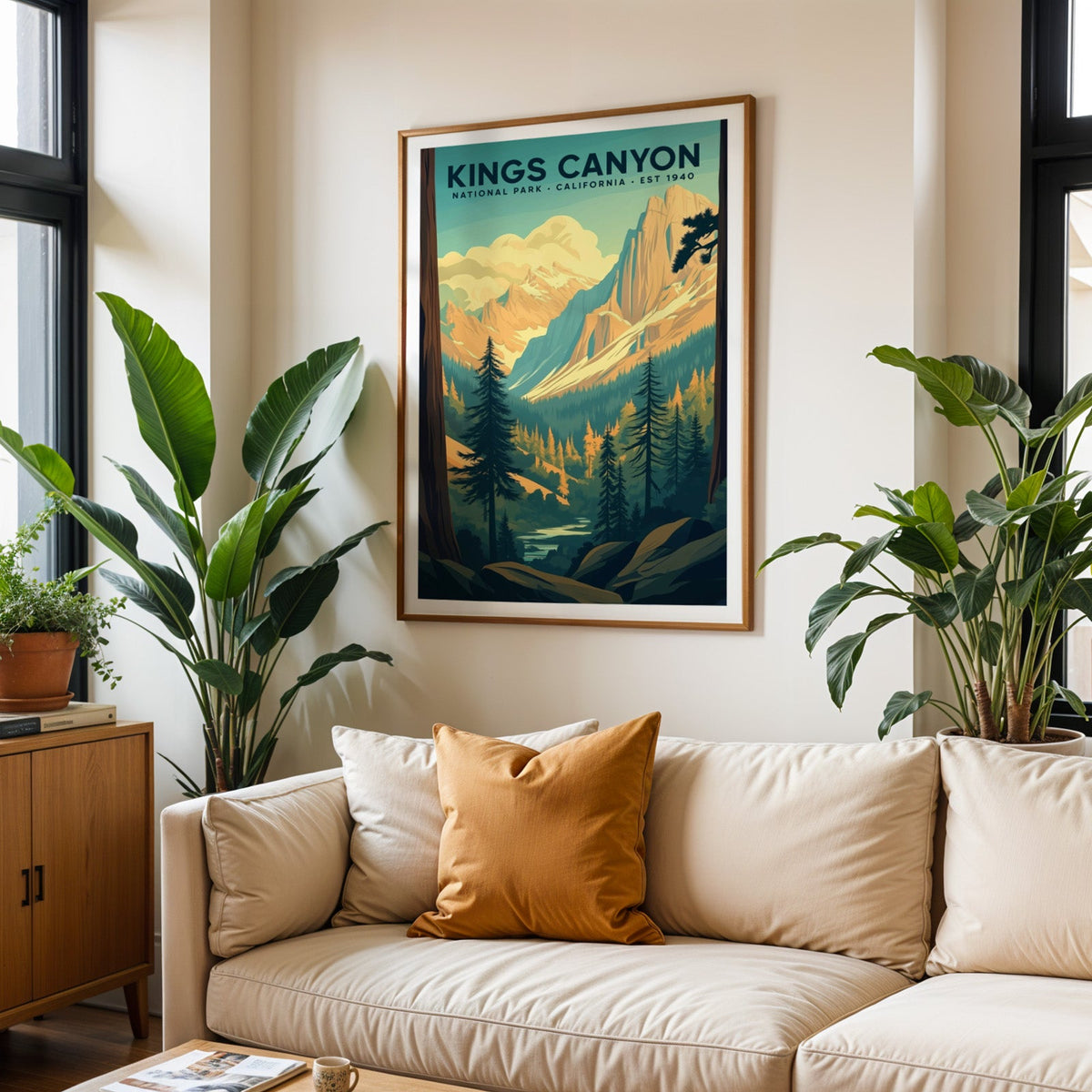 Kings Canyon National Park print in an oak frame above a cream living room sofa with an ochre cushion