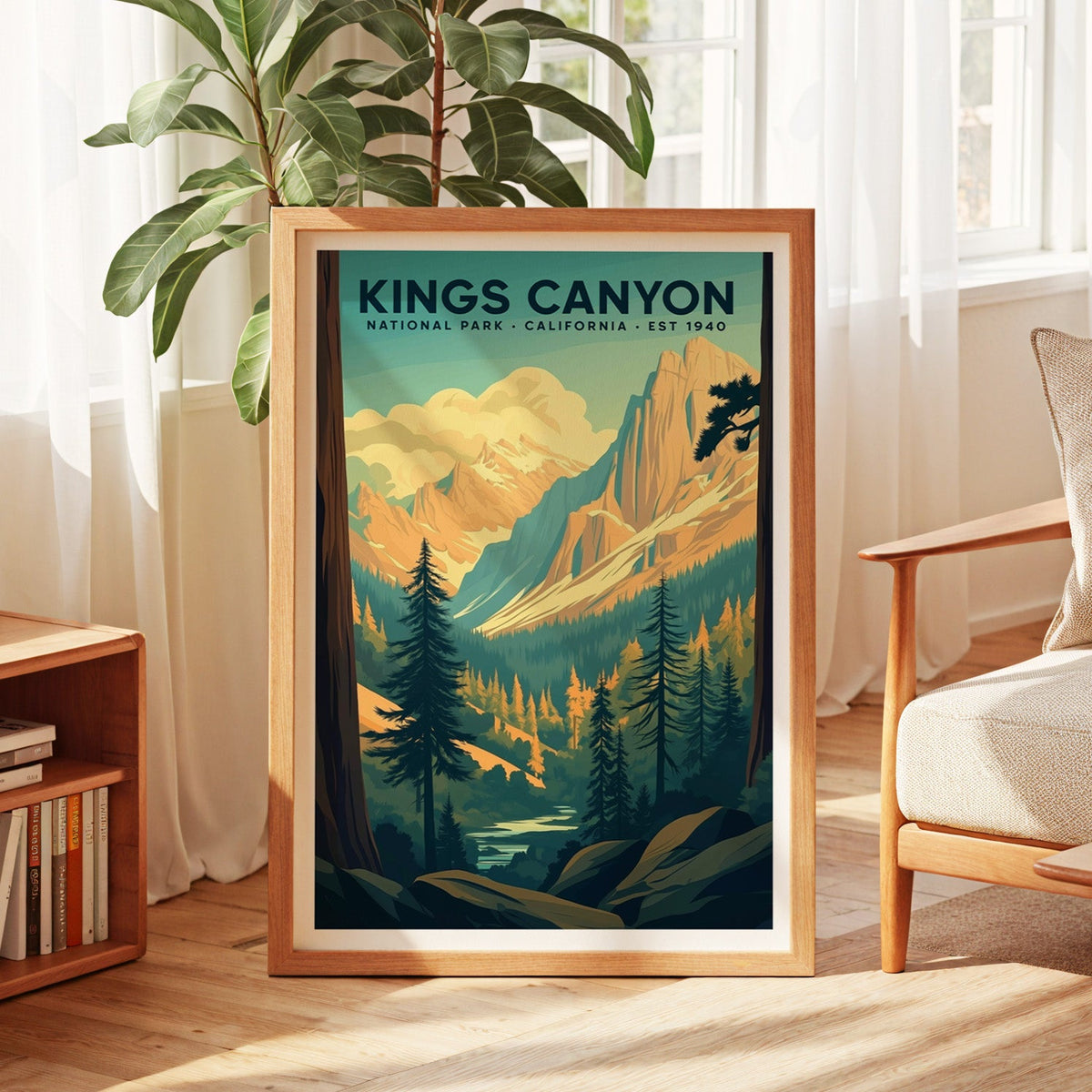 Kings Canyon National Park print in an oak frame by a sunlit window with sheer curtains and a fig plant