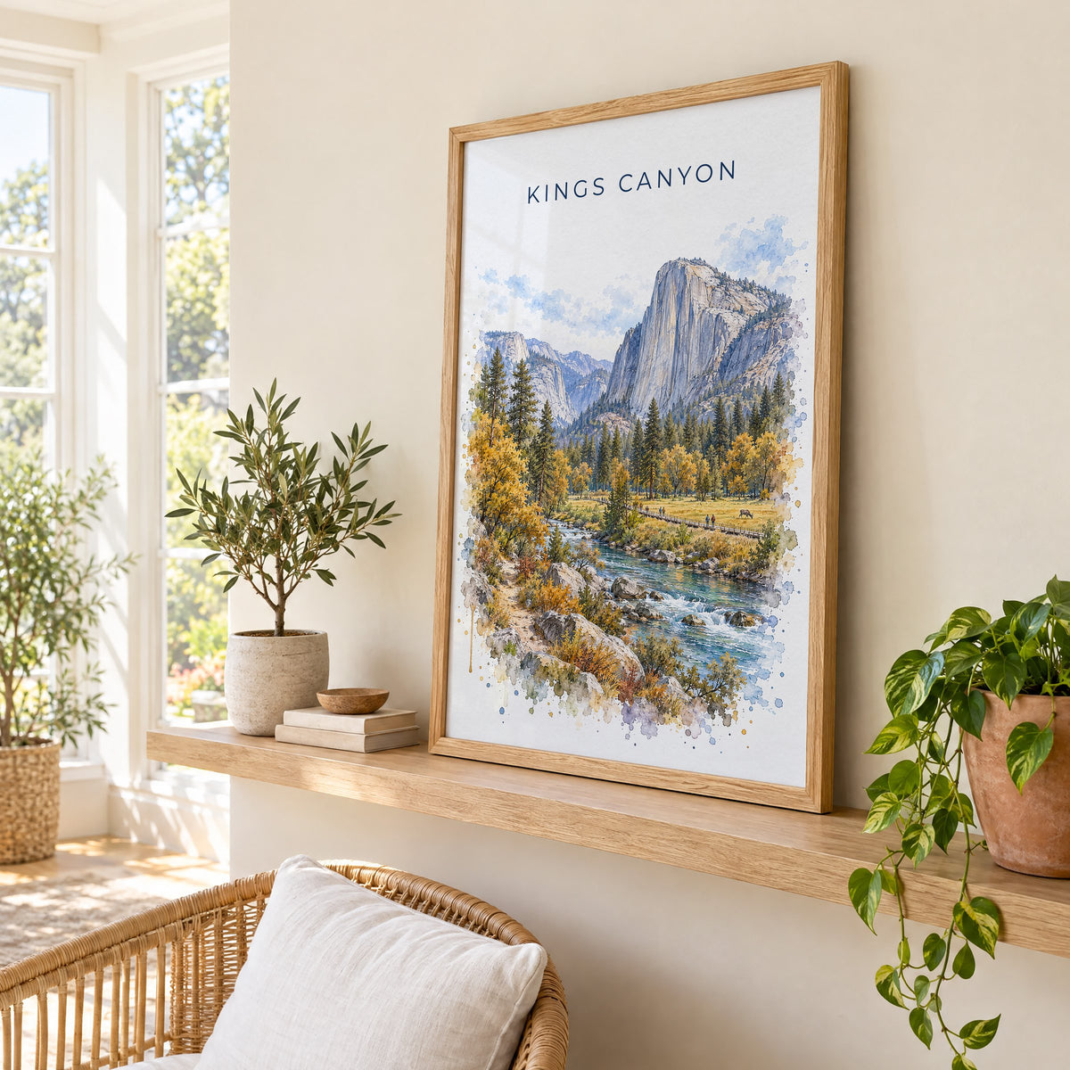 Kings Canyon National Park watercolor print in an oak frame on a picture ledge in a sunlit sunroom