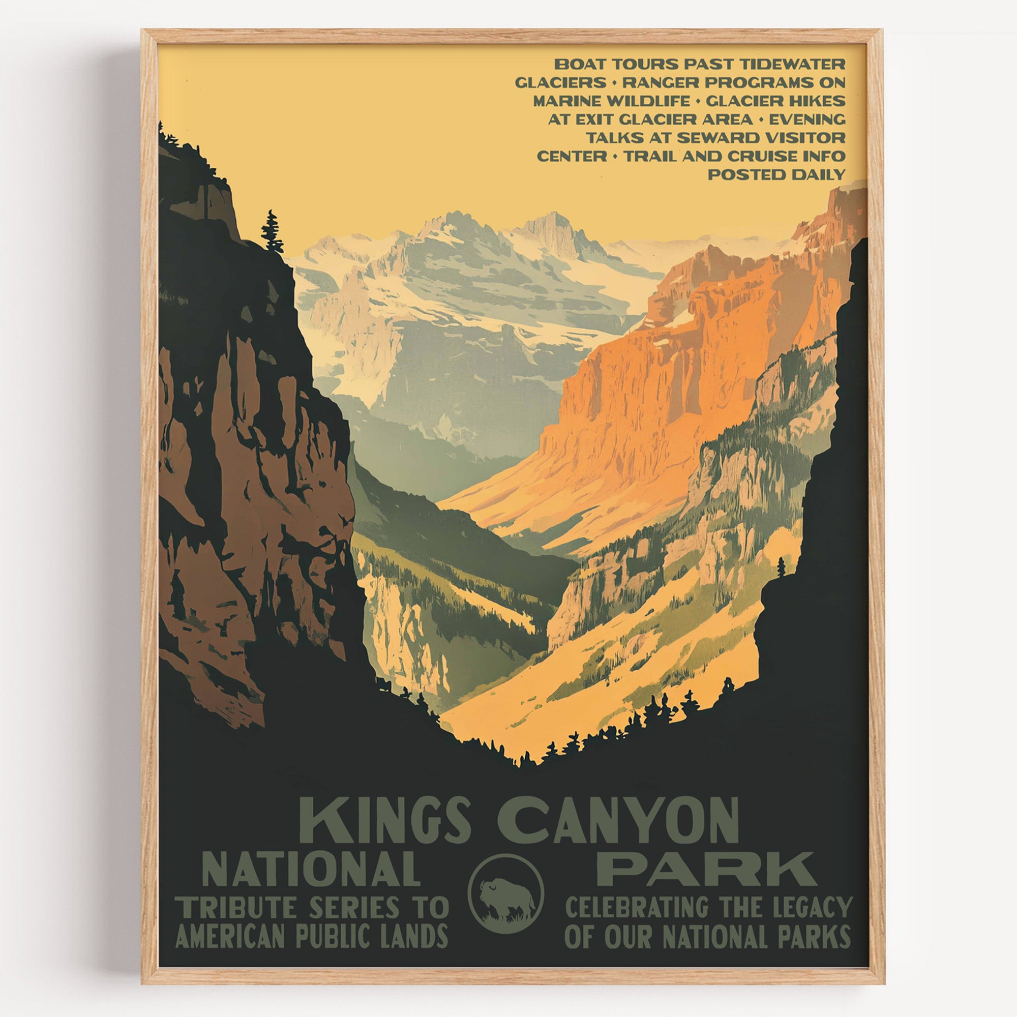 Kings Canyon National Park wall art print in a thin wood frame, sunlit granite canyon walls above the dark forest