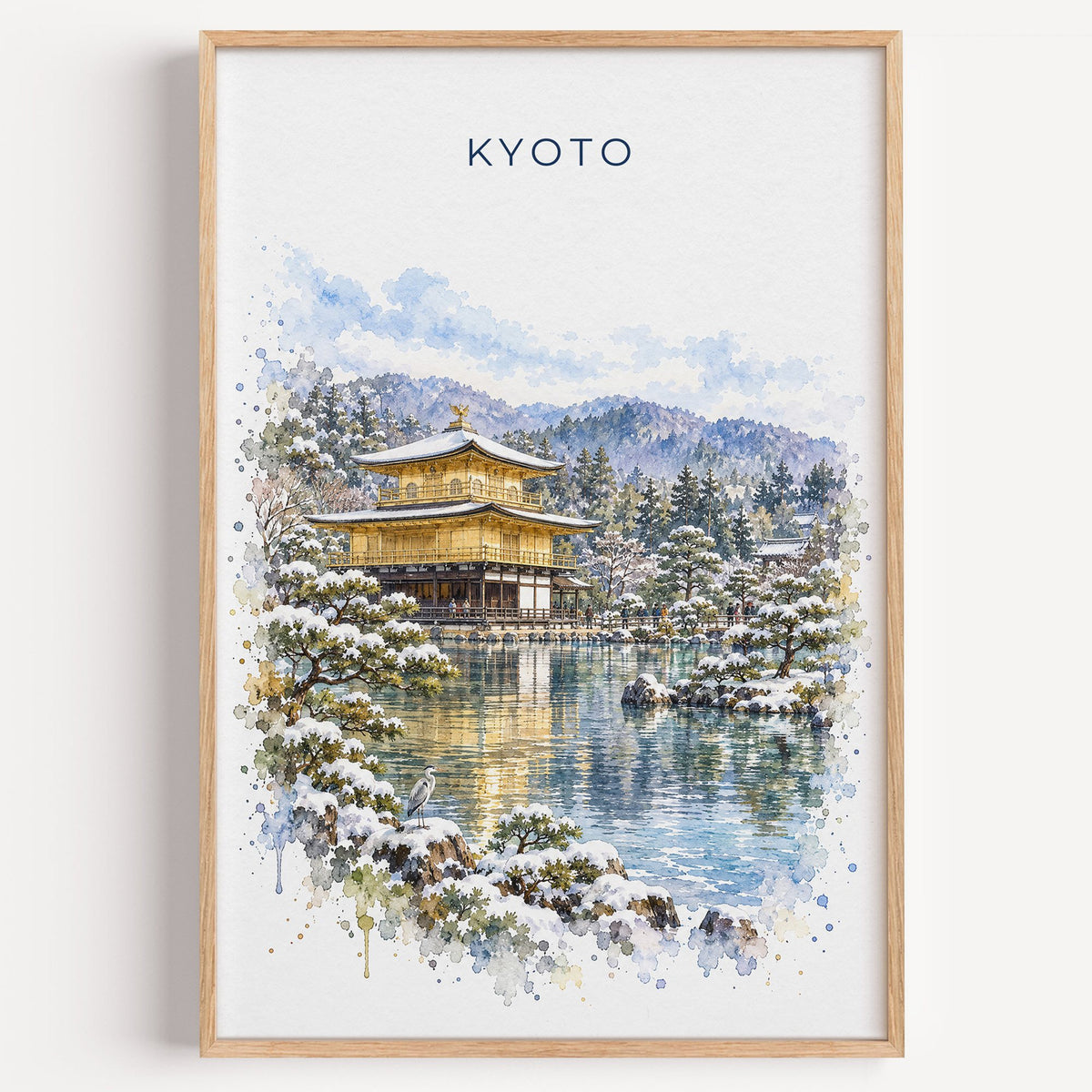 Kinkaku-ji watercolor print in a light oak frame on a plain white wall