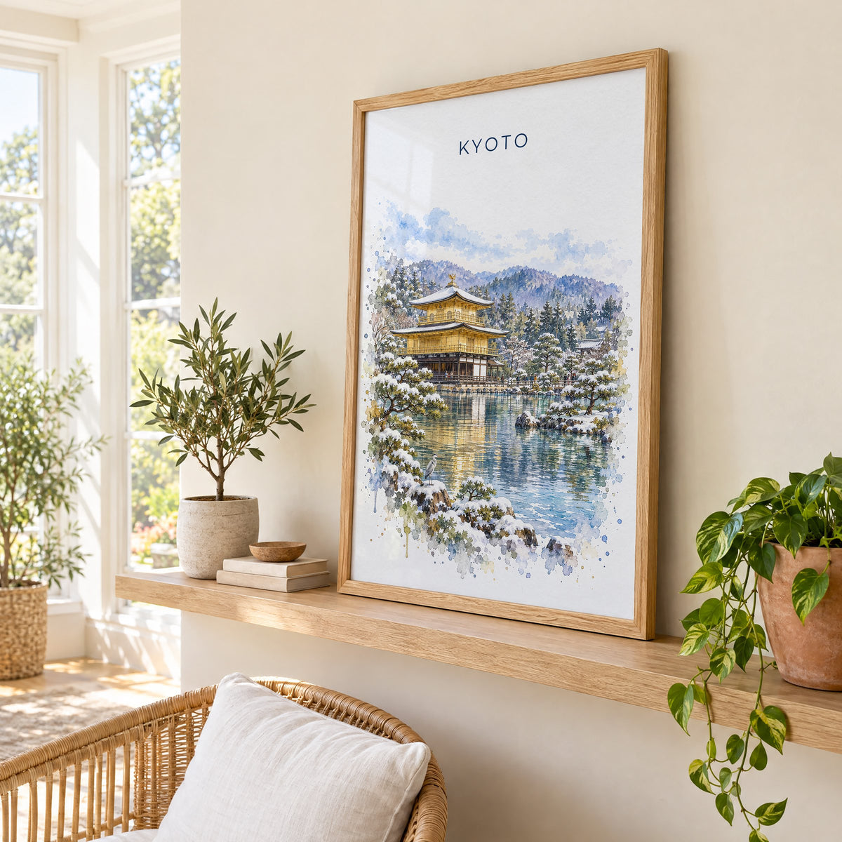 Kinkaku-ji watercolor print in an oak frame on a picture ledge in a sunlit sunroom