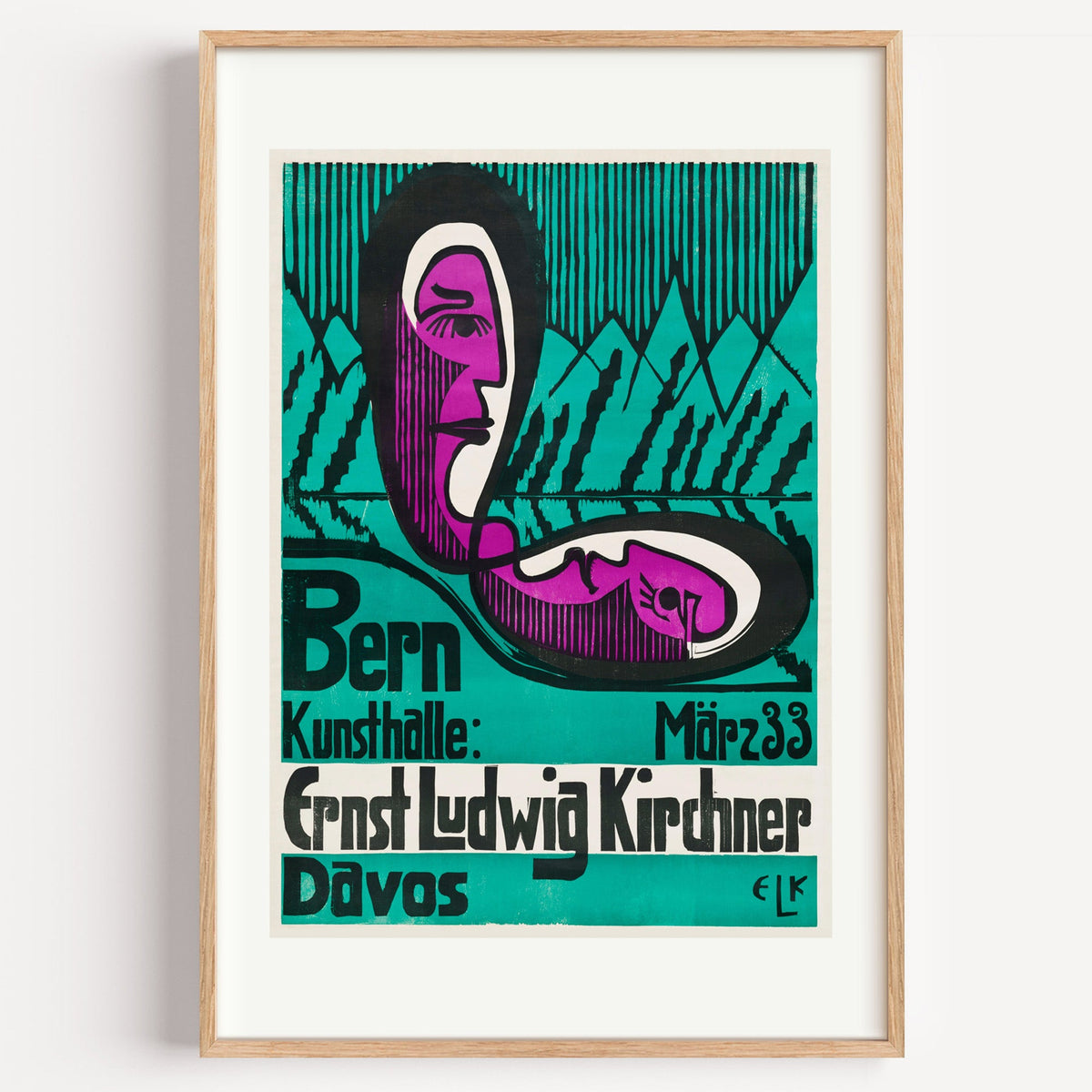 Kirchner Bern Kunsthalle poster print in a light oak frame on a white wall