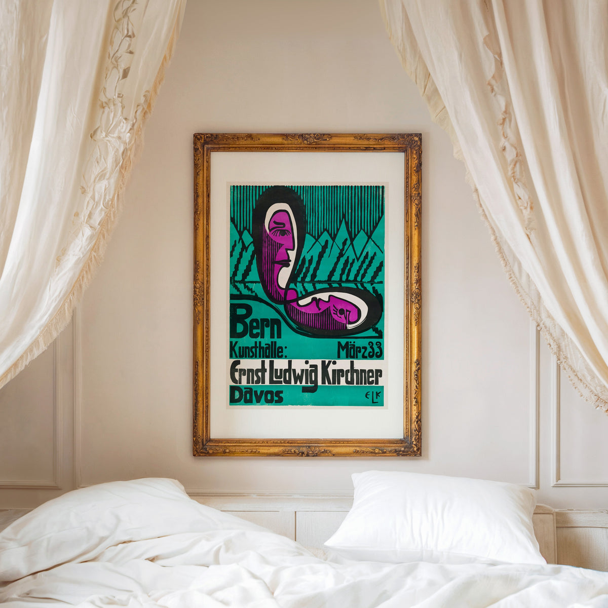 Bern Kunsthalle poster print shown in a gold frame above a canopy bed