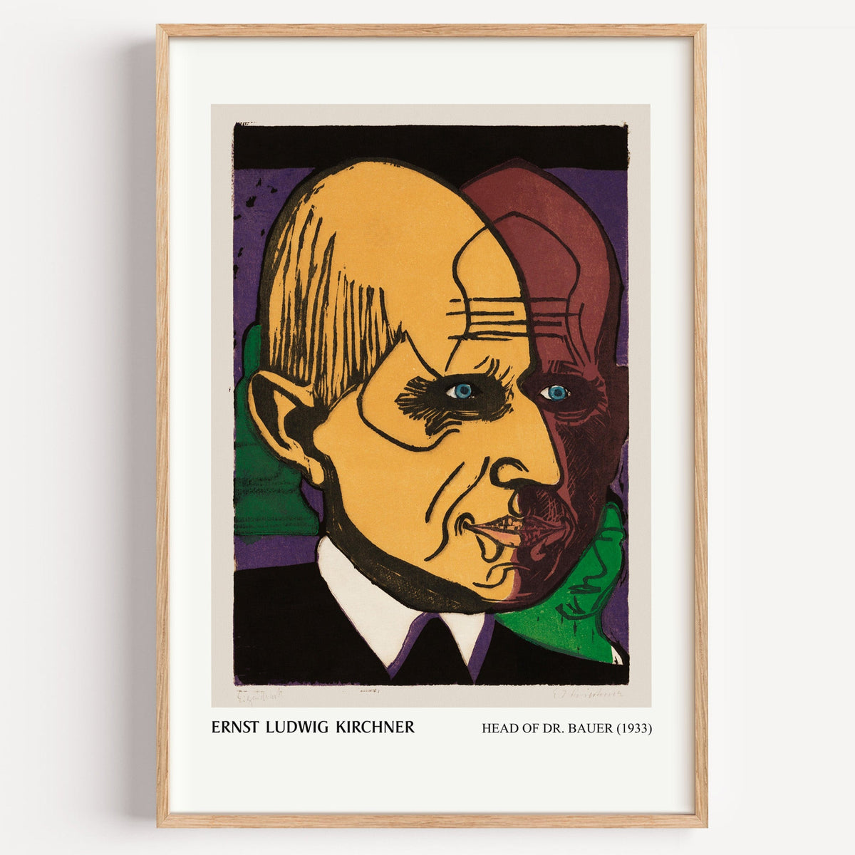 Kirchner Head of Dr Bauer print in a light oak frame on a plain white wall