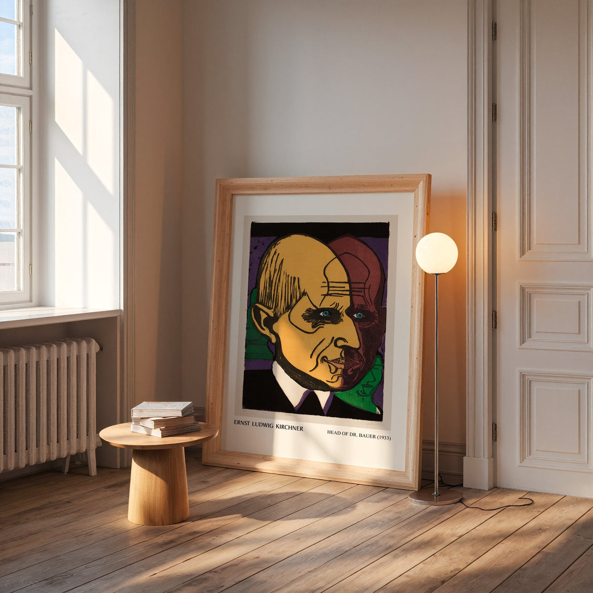 Expressionist portrait in a wide pine frame leaning by a sunlit window