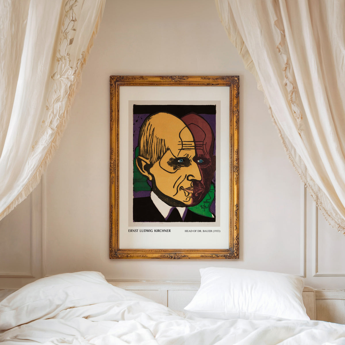 Head of Dr Bauer print shown in an ornate gold frame above a canopy bed