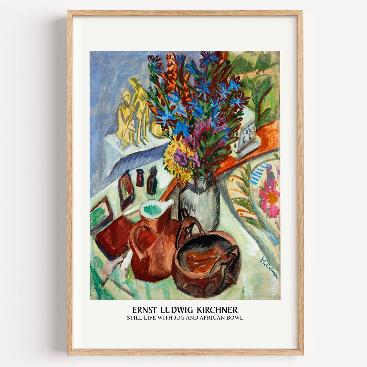 Kirchner Still Life with Jug print in a light oak frame on a plain white wall