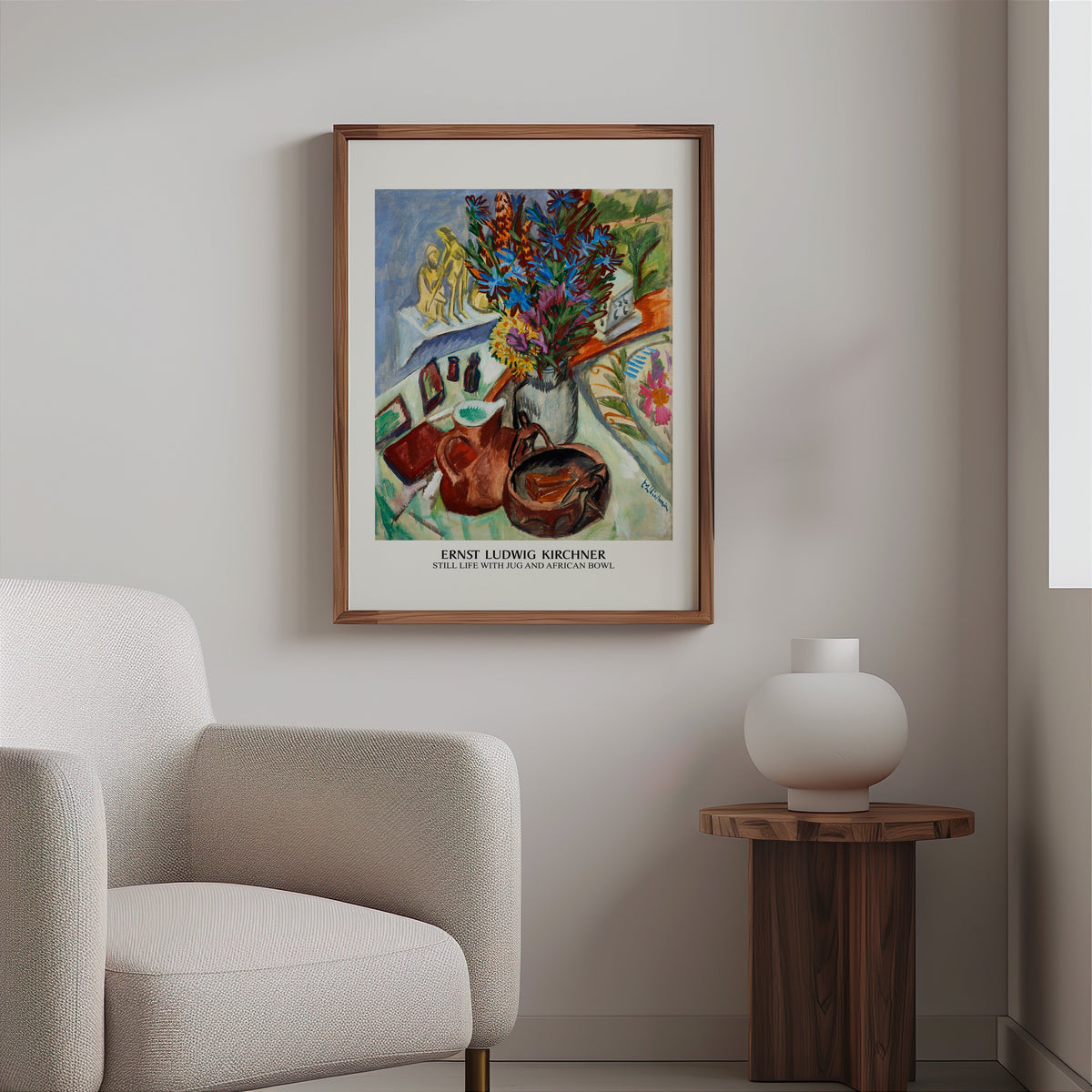 Expressionist still life in a slim walnut frame above a bouclé armchair